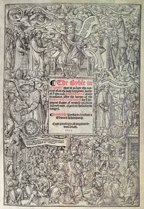 Page de titre introduisant la traduction anglaise de la Grande Bible, traduite des textes hébreux et grecs et imprimée par Richard Grafton et Edward Whitchurch, vers 1539 - English School